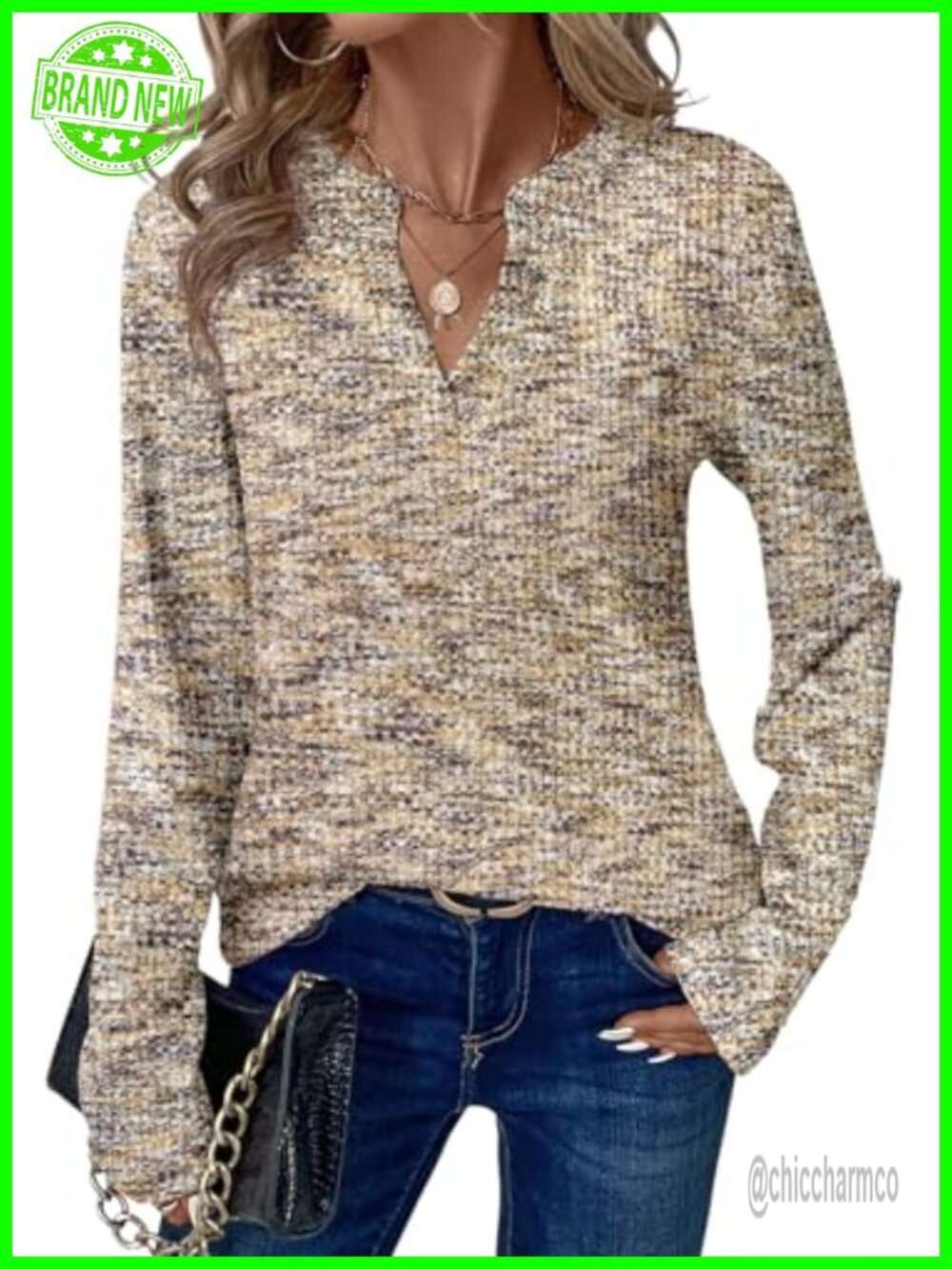 Waffle Knit V-Neck Long Sleeve Sweater Top Loose Fit Fall Winter Casual